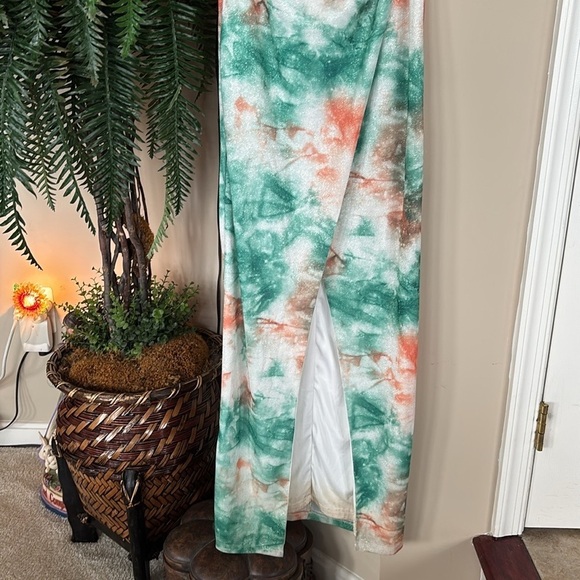 Lulus Lover’s Paradise Metallic Tie Dye Maxi Dress Teal Orange Crisscross Back - Picture 4 of 16